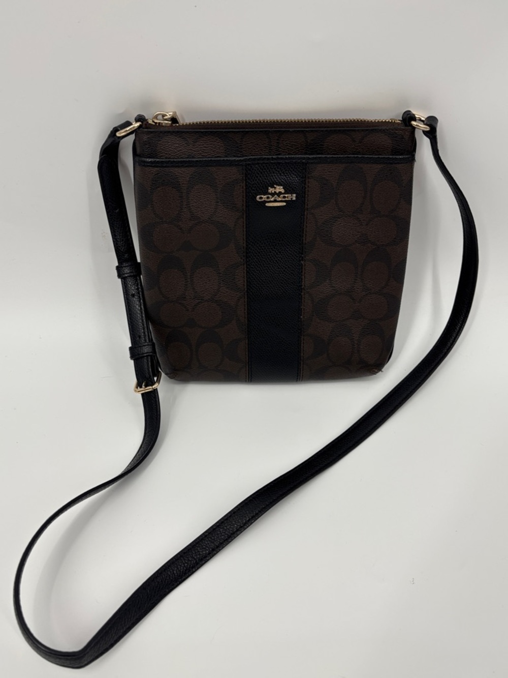Coach Brown Signature Crossbody with Black Center Stripe